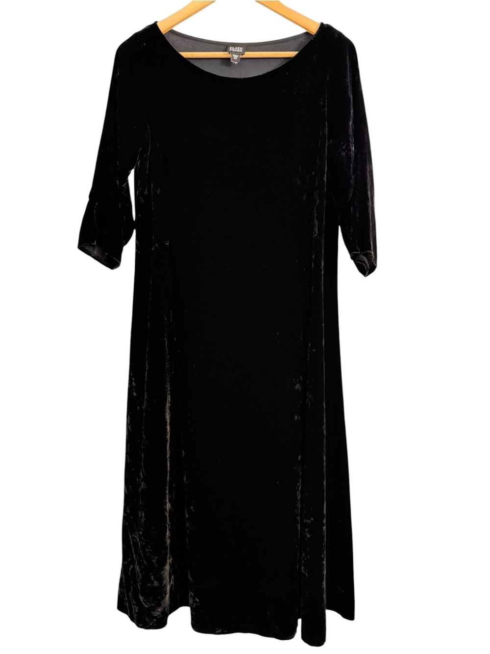 Whimsigoth Eileen Fisher Black Velvet Dress Silk Blend 3/4 Sleeve Size XS